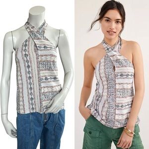 Anthropologie Leanne Jacquard Cream Multicolor Cross Front Halter Top Size XS